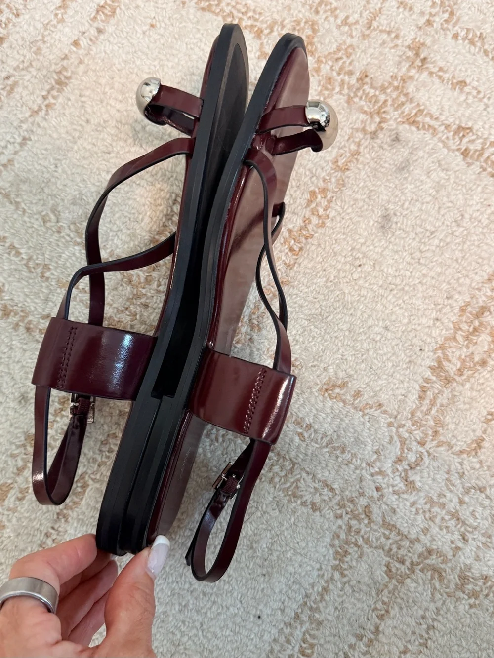 ZARA Burgundy Toe-Ring Strappy Sandals with Silver Accent - Picture 6 of 9